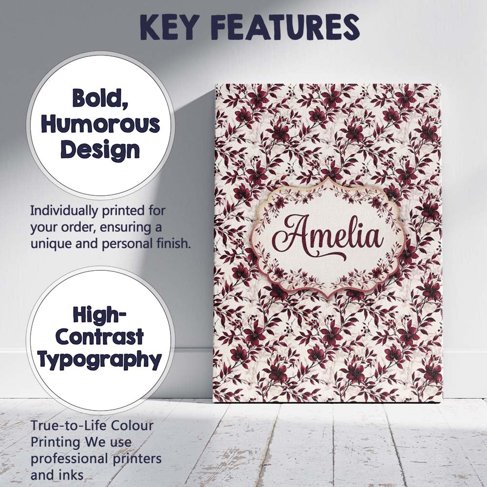 Personalised Name Elegant Burgundy Floral Custom  Bespoke Decorative Contemporary Canvas Wall Art Print Decor Picture Ready to Hang