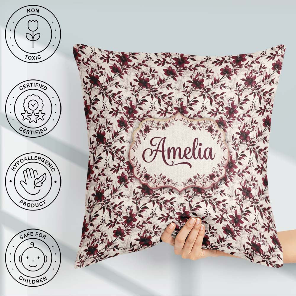 Custom Name Elegant Burgundy Floral on Light Background Seamless Square Filled Cushion Throw Pillow Sofa Bed Home Decor Zip Washable UK Made