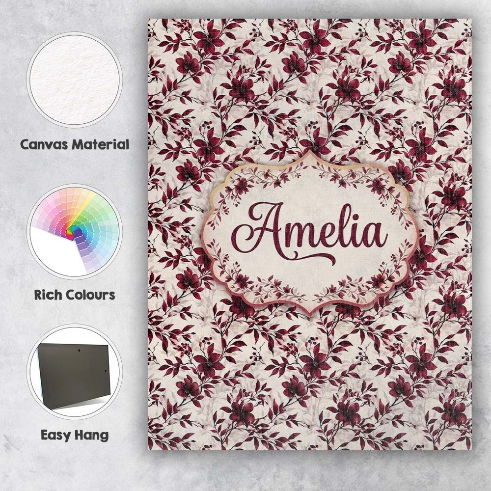Personalised Name Elegant Burgundy Floral Custom  Bespoke Decorative Contemporary Canvas Wall Art Print Decor Picture Ready to Hang