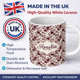 Personalized Custom Name Elegant Burgundy Floral Pattern on Light Background Seamless Name 11oz Ceramic Coffee Tea Mug White Large Handle
