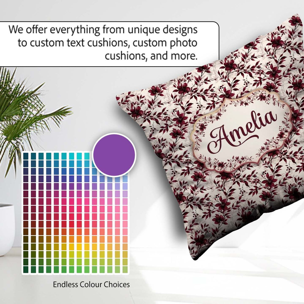 Custom Name Elegant Burgundy Floral on Light Background Seamless Square Filled Cushion Throw Pillow Sofa Bed Home Decor Zip Washable UK Made