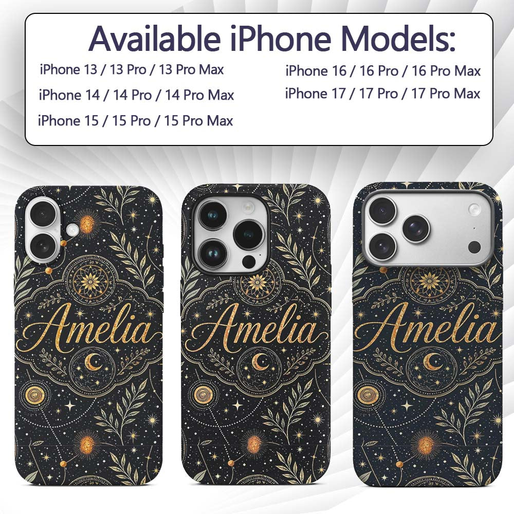 Celestial Zodiac Constellation Botanical Night Custom Name Protective Phone Case Mobile Cover Durable Everyday Smartphone Shock Resistant