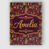 Personalised Name Dark Botanical Floral Custom  Modern Room Accent Elegant Feature Canvas Wall Art Print Decor Picture Ready to Hang