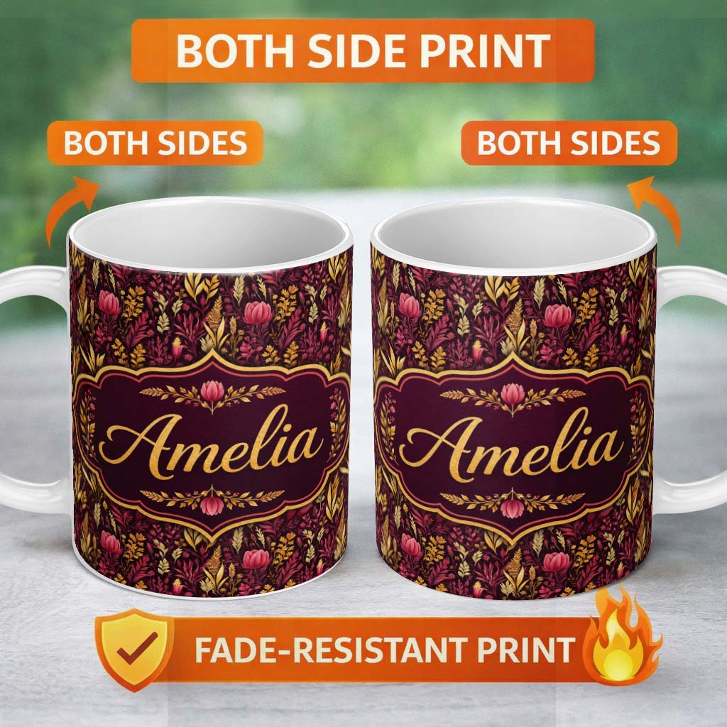 Personalized Custom Name Dark Botanical Floral Pattern in Red and Gold Seamless Name Cute 11oz Ceramic Coffee Tea Mug White Large Handle