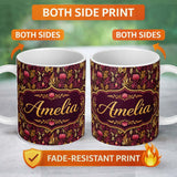 Personalized Custom Name Dark Botanical Floral Pattern in Red and Gold Seamless Name Cute 11oz Ceramic Coffee Tea Mug White Large Handle