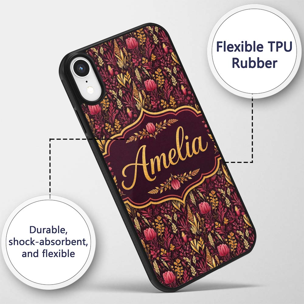 Dark Botanical Floral Pattern in Red and Gold Custom Name Protective Phone Case Mobile Cover Durable Everyday Smartphone Shock Resistant