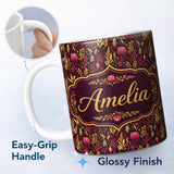 Personalized Custom Name Dark Botanical Floral Pattern in Red and Gold Seamless Name Cute 11oz Ceramic Coffee Tea Mug White Large Handle