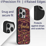 Dark Botanical Floral Pattern in Red and Gold Custom Name Protective Phone Case Mobile Cover Durable Everyday Smartphone Shock Resistant
