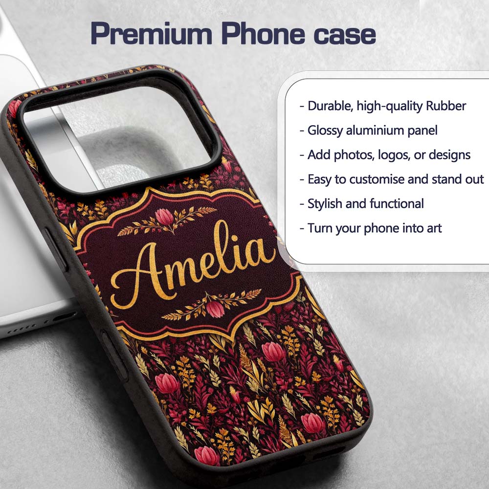 Dark Botanical Floral Pattern in Red and Gold Custom Name Protective Phone Case Mobile Cover Durable Everyday Smartphone Shock Resistant