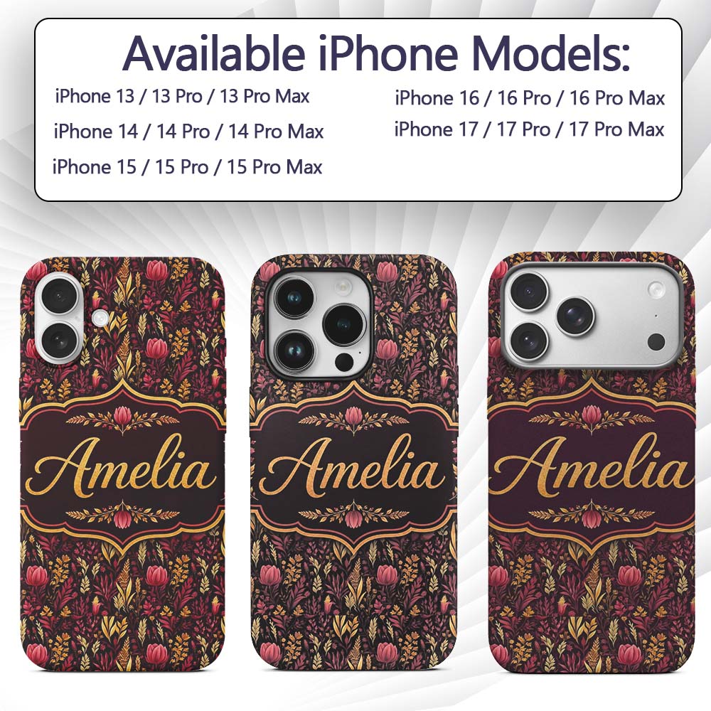 Dark Botanical Floral Pattern in Red and Gold Custom Name Protective Phone Case Mobile Cover Durable Everyday Smartphone Shock Resistant