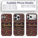 Dark Botanical Floral Pattern in Red and Gold Custom Name Protective Phone Case Mobile Cover Durable Everyday Smartphone Shock Resistant