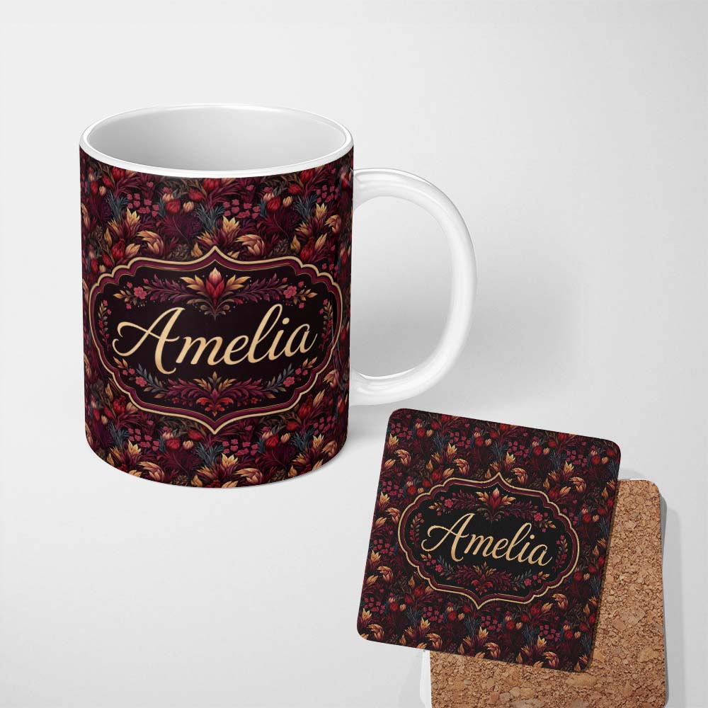 Personalized Custom Name Luxury Deep Red Floral Pattern with Foliage Seamless Name Cute 11oz Ceramic Coffee Tea Mug White Large Handle