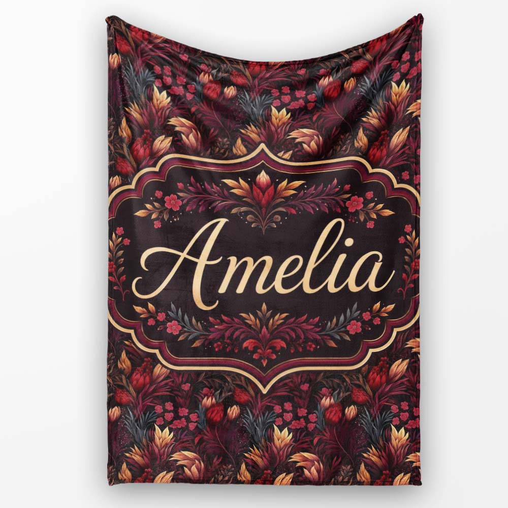 Luxury Deep Red Floral Pattern with Foliage Seamless Name Cute  Personalised Custom Name Super Soft Fleece Blanket Bed Sofa Throw