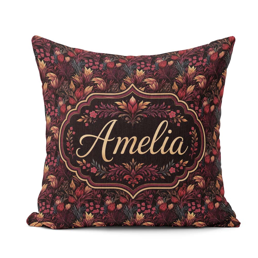 Custom Name Luxury Deep Red Floral Pattern with Foliage Seamless Square Filled Cushion Throw Pillow Sofa Bed Home Decor Zip Washable UK Made