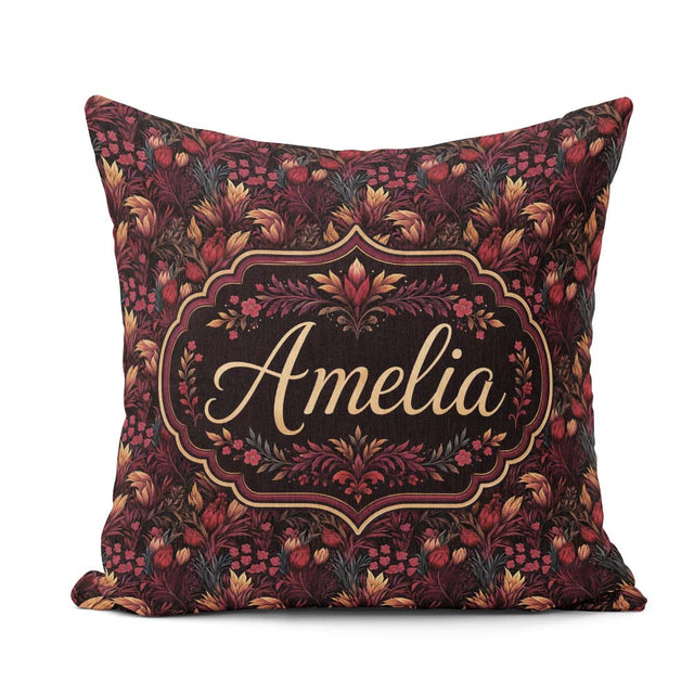 Custom Name Luxury Deep Red Floral Pattern with Foliage Seamless Square Filled Cushion Throw Pillow Sofa Bed Home Decor Zip Washable UK Made