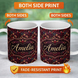 Personalized Custom Name Luxury Deep Red Floral Pattern with Foliage Seamless Name Cute 11oz Ceramic Coffee Tea Mug White Large Handle