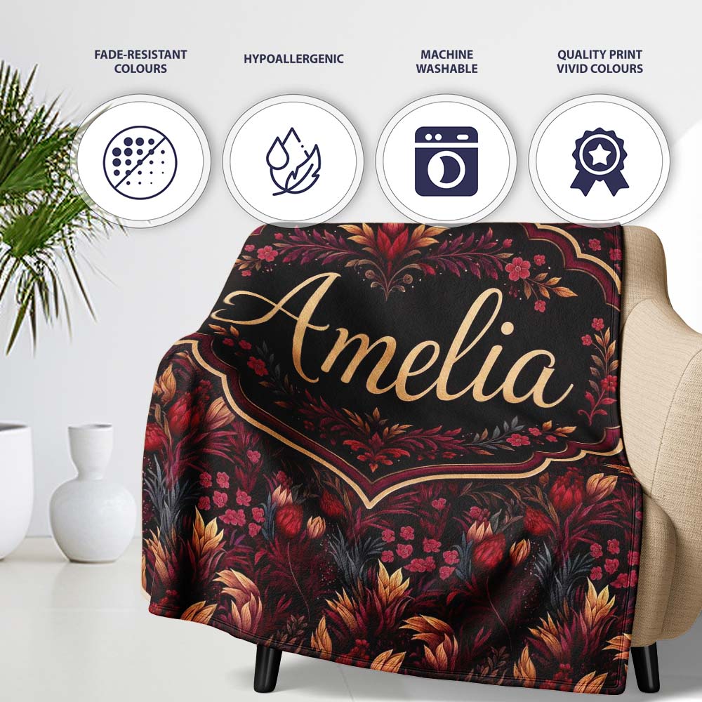 Luxury Deep Red Floral Pattern with Foliage Seamless Name Cute  Personalised Custom Name Super Soft Fleece Blanket Bed Sofa Throw