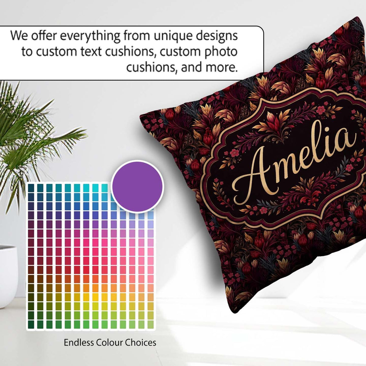 Custom Name Luxury Deep Red Floral Pattern with Foliage Seamless Square Filled Cushion Throw Pillow Sofa Bed Home Decor Zip Washable UK Made