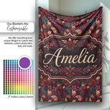 Luxury Deep Red Floral Pattern with Foliage Seamless Name Cute  Personalised Custom Name Super Soft Fleece Blanket Bed Sofa Throw