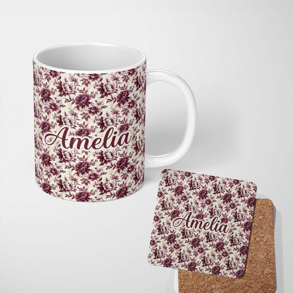 Personalized Custom Name Vintage Burgundy Peony Floral Pattern on Cream Background Seamless 11oz Ceramic Coffee Tea Mug White Large Handle
