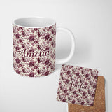 Personalized Custom Name Vintage Burgundy Peony Floral Pattern on Cream Background Seamless 11oz Ceramic Coffee Tea Mug White Large Handle