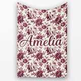 Vintage Burgundy Peony Floral Pattern on Cream Background Seamless  Personalised Custom Name Super Soft Fleece Blanket Bed Sofa Throw