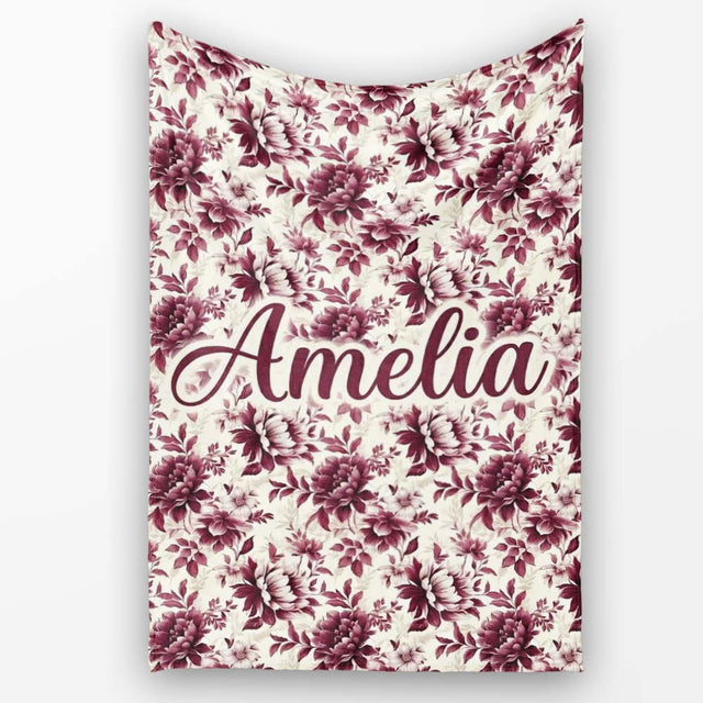 Vintage Burgundy Peony Floral Pattern on Cream Background Seamless  Personalised Custom Name Super Soft Fleece Blanket Bed Sofa Throw