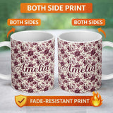 Personalized Custom Name Vintage Burgundy Peony Floral Pattern on Cream Background Seamless 11oz Ceramic Coffee Tea Mug White Large Handle