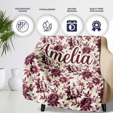 Vintage Burgundy Peony Floral Pattern on Cream Background Seamless  Personalised Custom Name Super Soft Fleece Blanket Bed Sofa Throw