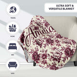 Vintage Burgundy Peony Floral Pattern on Cream Background Seamless  Personalised Custom Name Super Soft Fleece Blanket Bed Sofa Throw