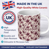 Personalized Custom Name Vintage Burgundy Peony Floral Pattern on Cream Background Seamless 11oz Ceramic Coffee Tea Mug White Large Handle