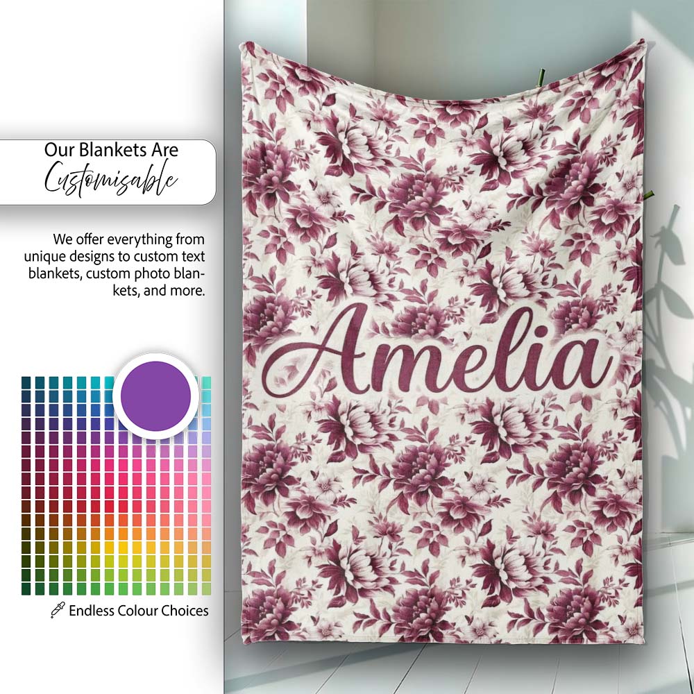 Vintage Burgundy Peony Floral Pattern on Cream Background Seamless  Personalised Custom Name Super Soft Fleece Blanket Bed Sofa Throw