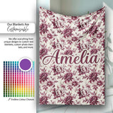Vintage Burgundy Peony Floral Pattern on Cream Background Seamless  Personalised Custom Name Super Soft Fleece Blanket Bed Sofa Throw