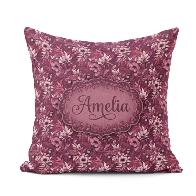 Custom Name Dark Plum Botanical Floral Pattern with Soft Accents Square Filled Cushion Throw Pillow Sofa Bed Home Decor Zip Washable UK Made