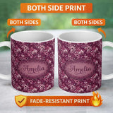 Personalized Custom Name Dark Plum Botanical Floral Pattern with Soft Pink Accents Seamless 11oz Ceramic Coffee Tea Mug White Large Handle