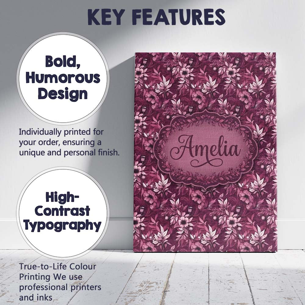 Personalised Name Dark Plum Botanical Custom Modern Room Accent Creative Decorator Style Canvas Wall Art Print Decor Picture Ready to Hang
