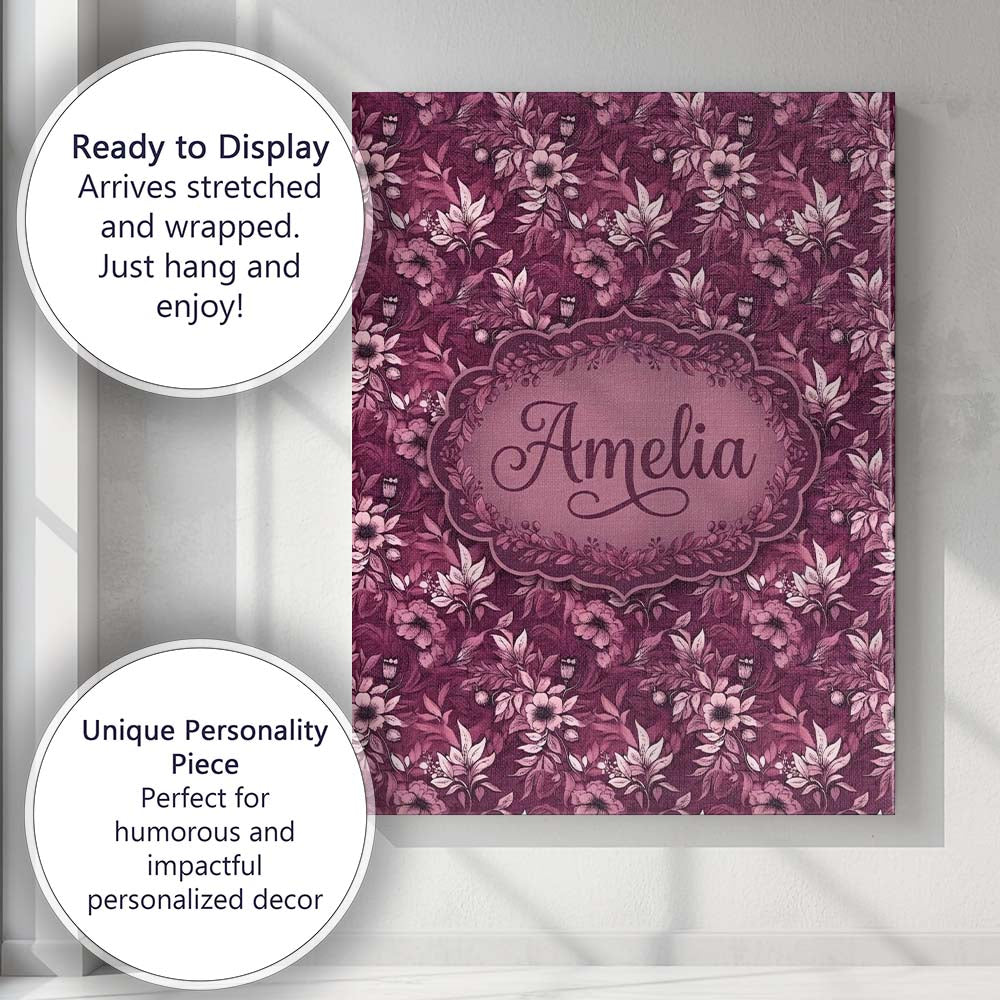 Personalised Name Dark Plum Botanical Custom Modern Room Accent Creative Decorator Style Canvas Wall Art Print Decor Picture Ready to Hang