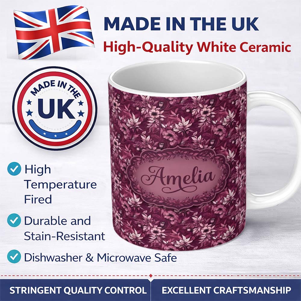 Personalized Custom Name Dark Plum Botanical Floral Pattern with Soft Pink Accents Seamless 11oz Ceramic Coffee Tea Mug White Large Handle