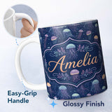 Personalized Custom Name Cute Multicolor Jellyfish Pattern on Deep Blue Ocean Background 11oz Ceramic Coffee Tea Mug White Large Handle