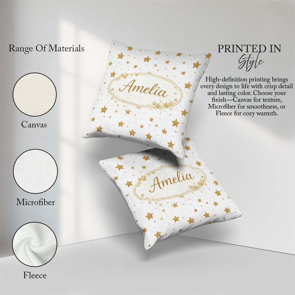 Custom Name Gold Glitter Stars on White Seamless Pattern Stylish Square Filled Cushion Throw Pillow Sofa Bed Home Decor Zip Washable UK Made