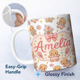 Personalized Custom Name Cute Christmas Gingerbread Characters Candy House White Star Lovely 11oz Ceramic Coffee Tea Mug White Large Handle