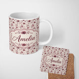 Personalized Custom Name Delicate Mauve Wildflower Botanical Pattern Light Background 11oz Ceramic Coffee Tea Mug White Large Handle
