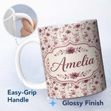 Personalized Custom Name Delicate Mauve Wildflower Botanical Pattern Light Background 11oz Ceramic Coffee Tea Mug White Large Handle