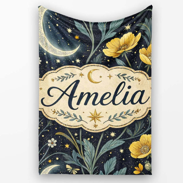 Golden Floral Crescent Moon Night Garden Seamless Pattern Lovely  Personalised Custom Name Super Soft Fleece Blanket Bed Sofa Throw