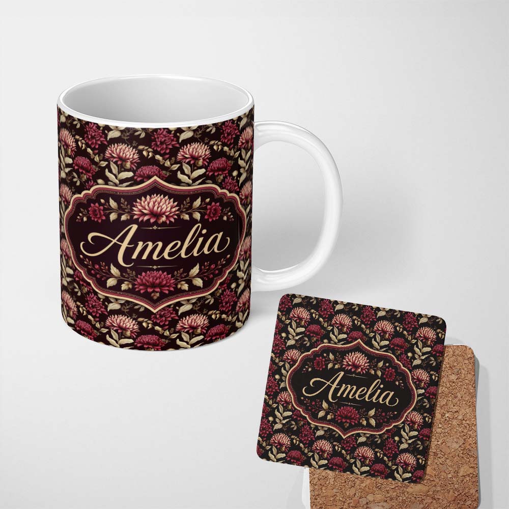 Personalized Custom Name Rich Burgundy Dahlia Floral Pattern with Beige Leaves Seamless Name 11oz Ceramic Coffee Tea Mug White Large Handle
