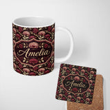 Personalized Custom Name Rich Burgundy Dahlia Floral Pattern with Beige Leaves Seamless Name 11oz Ceramic Coffee Tea Mug White Large Handle
