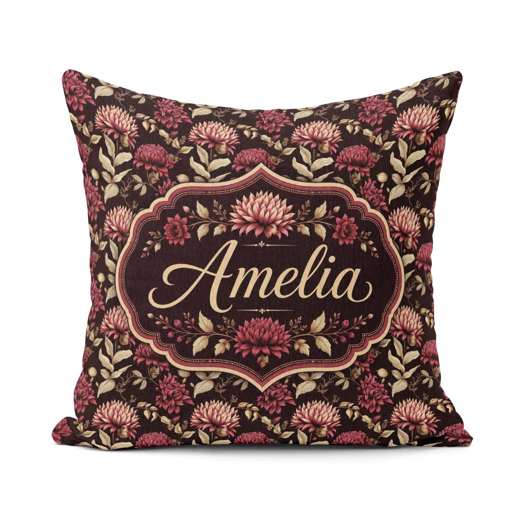 Custom Name Rich Burgundy Dahlia Floral Pattern with Leaves Name Square Filled Cushion Throw Pillow Sofa Bed Home Decor Zip Washable UK Made
