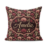 Custom Name Rich Burgundy Dahlia Floral Pattern with Leaves Name Square Filled Cushion Throw Pillow Sofa Bed Home Decor Zip Washable UK Made