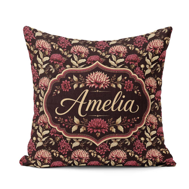 Custom Name Rich Burgundy Dahlia Floral Pattern with Leaves Name Square Filled Cushion Throw Pillow Sofa Bed Home Decor Zip Washable UK Made