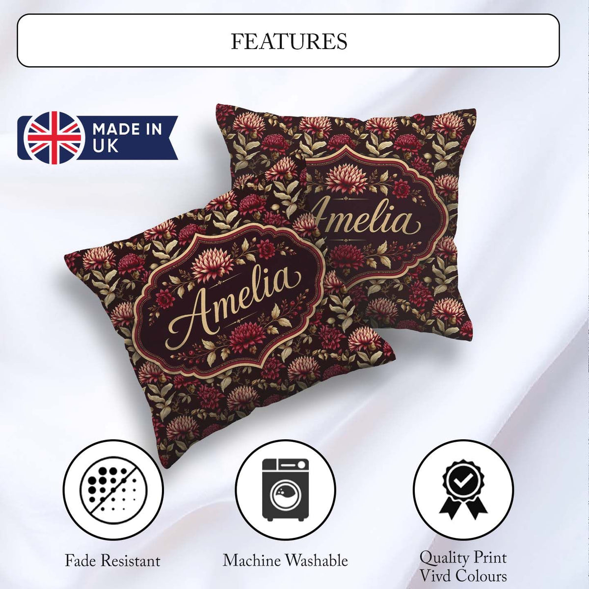 Custom Name Rich Burgundy Dahlia Floral Pattern with Leaves Name Square Filled Cushion Throw Pillow Sofa Bed Home Decor Zip Washable UK Made